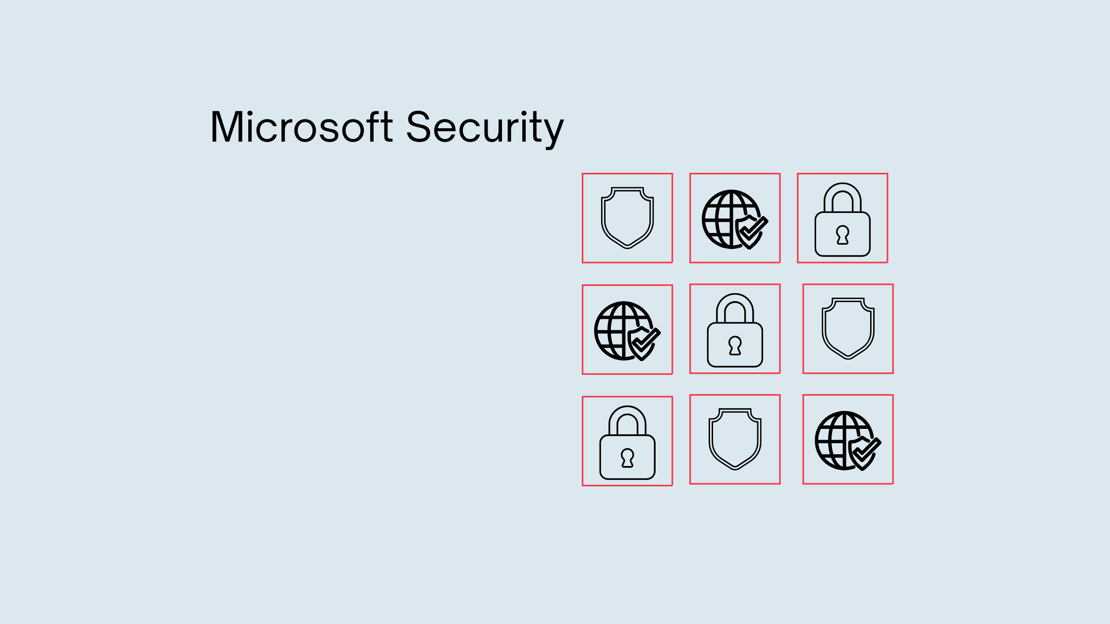 Microsoft Security concept illustration featuring a 3x3 grid of security icons including shields, padlocks, and globe symbols with checkmarks on a light blue background
