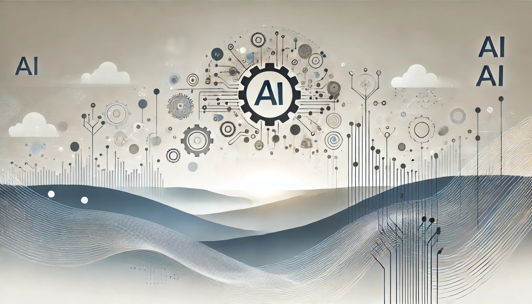 Abstract landscape image representing AI adoption for enterprises. Features include gears, circuit lines, and network nodes symbolizing technology integration, innovation, and connectivity, with a subtle gradient background in shades of blue, gray, and white.